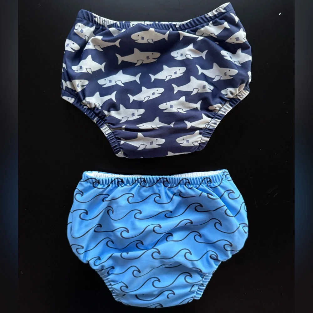 Blue and Navy Shark/Wave Print Kids Swim Diapers - 3T